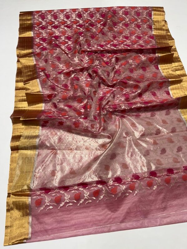 Rose Red Chanderi Pure Handloom Pure Katan Silk Gold and Silver Zari Meenakari Jaal Bridal Saree