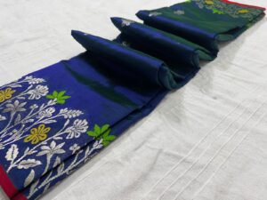 Dual Tone Blue Chanderi Pure Handloom Silver Zari Meenakari Handwork Borders Pattu Silk Saree