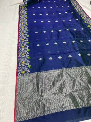Dual Tone Blue Chanderi Pure Handloom Silver Zari Meenakari Handwork Borders Pattu Silk Saree