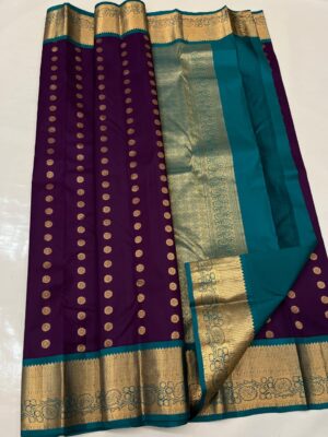 Silk Mark Certified Pure Kanchipuram/ Kanjivaram Handloom Gold Zari Buttas Contrast Borders Korvai Silk Sarees