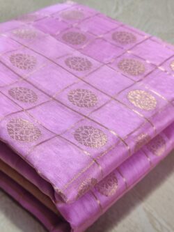Lavender Chanderi Pure Handloom Gold Zari Checks and Buttas Jaal Pattu Silk Saree
