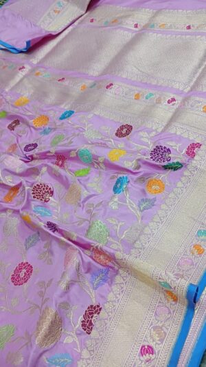 Silk Mark Certified Lavender Banarasi Handloom Pure Katan Silk Kaduwa Jangla Multicolor Meenakari Bridal Saree