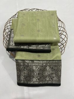 Pastel Green and Navy Blue Chanderi Pure Handloom Pure Katan Silk Silver Zari Nakshi Borders Saree