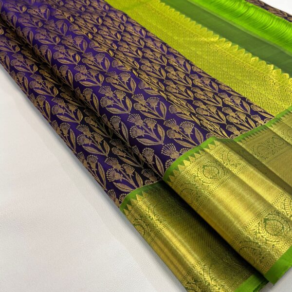 Silk Mark Certified Purple Pure Kanchipuram/Kanjivaram Handloom Pure 1G Gold Zari Double Warp Silk Saree