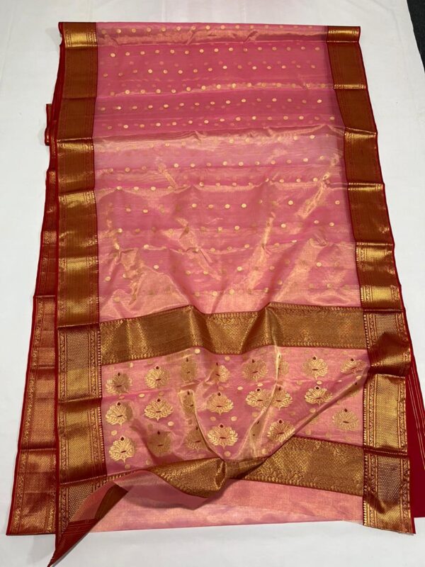 Dual Tone Peach and Red Chanderi Pure Handloom Pure Katan Tissue Silk Saree with Meenakari Buttas and Nakshi Borders