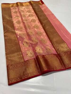 Dual Tone Peach and Red Chanderi Pure Handloom Pure Katan Tissue Silk Saree with Meenakari Buttas and Nakshi Borders