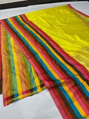 Yellow Chanderi Chanderi Pure Handloom Pure Pattu Silk Multicolor Mashru Borders Saree