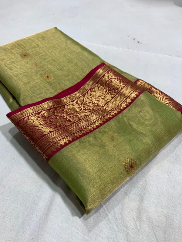 Dual Tone Green and Red Chanderi Pure Handloom Pure Katan Tissue Silk Saree with Nakshi Borders and Meenakari Buttas