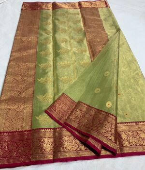 Dual Tone Green and Red Chanderi Pure Handloom Pure Katan Tissue Silk Saree with Nakshi Borders and Meenakari Buttas