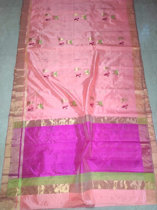 Peach and Pink Chanderi Handloom Pure Pattu Silk Meenakari Buttas Gold Zari Borders Saree