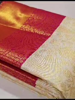 Silk Mark Certified Off White and Red Pure Kanchipuram/ Kanjivaram Handloom Pure 2G Gold Zari Full Korvai Bridal Silk Saree