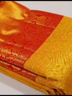 Silk Mark Certified Yellow and Red Pure Kanchipuram/ Kanjivaram Handloom Pure 2G Gold Zari Full Korvai Bridal Silk Saree