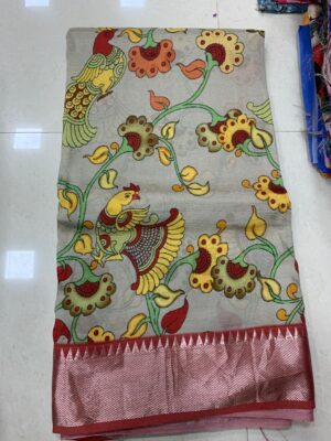Mangalagiri Pure Handloom Pattu Silk by Cotton Kalamkari Digital Print Sarees