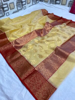Pastel Lemon and Red Chanderi Pure Handloom Pure Katan Silk Gold Zari Buttas Nakshi Borders Saree