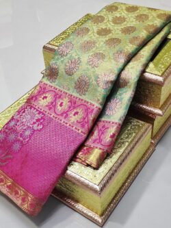 Silk Mark Certified Kanchipuram/Kanjivaram Pure Handloom Tissue Floral Brocade Edge to Edge Borders Silk Sarees