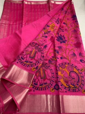 Mangalagiri Pure Handloom Pattu Silk by Cotton Silver Zari Printed Sarees