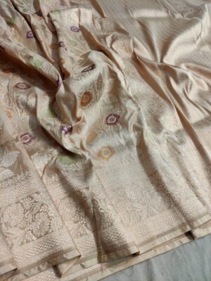 Silk Mark Certified Ivory Banarasi Pure Handloom Pure Katan Silk Meenakari Creeper Jaal Cutwork Gold Zari Saree