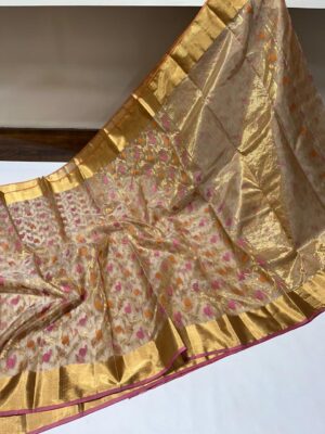 Gold Chanderi Pure Handloom Pure Katan Silk Gold and Silver Zari Meenakari Jaal Bridal Saree