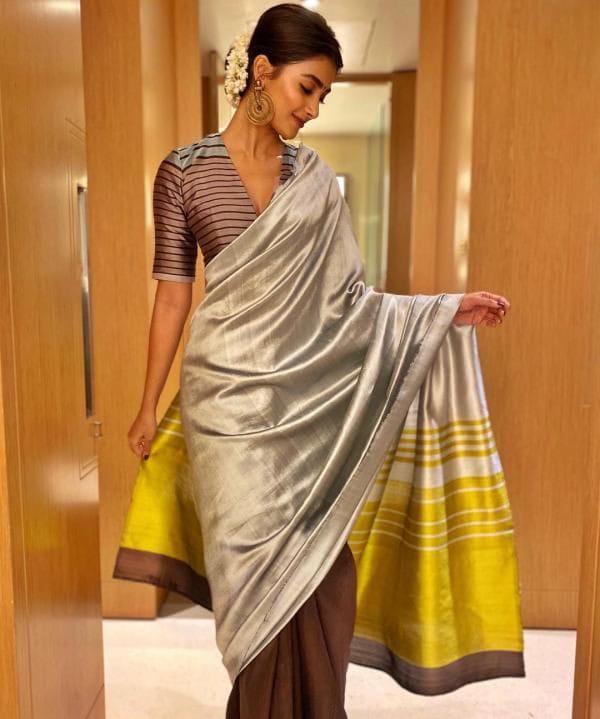 Gold, Brown and Silver Chanderi Pure Handloom Pure Pattu Silk Contemporary Striped Saree