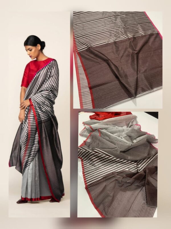 Silver, Brown and Red Chanderi Pure Handloom Pure Pattu Silk Contemporary Striped Saree