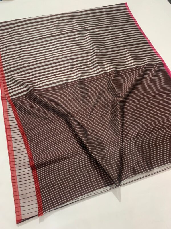 Silver, Brown and Red Chanderi Pure Handloom Pure Pattu Silk Contemporary Striped Saree
