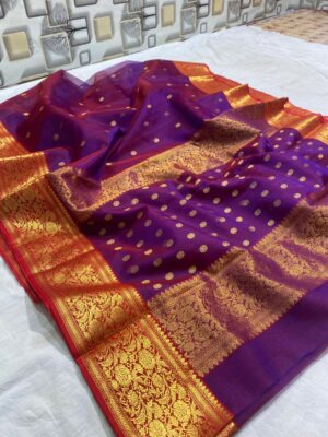 Purple Chanderi Pure Handloom Katan Silk Gold Buttas Nakshi Borders Saree