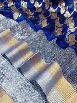 Blue Chanderi Pure Handloom Gold and Silver Zari Peacock Design Meenakari Jaal Handwork Borders Pattu Silk Saree