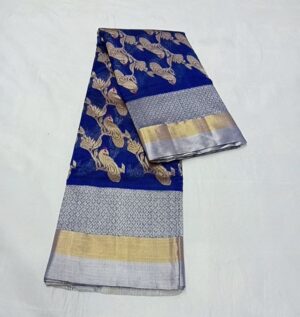 Blue Chanderi Pure Handloom Gold and Silver Zari Peacock Design Meenakari Jaal Handwork Borders Pattu Silk Saree