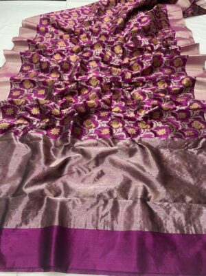 Mulberry Chanderi Handloom Pure Pattu Silk Gold and Silver Zari Meenakari Jaal Saree