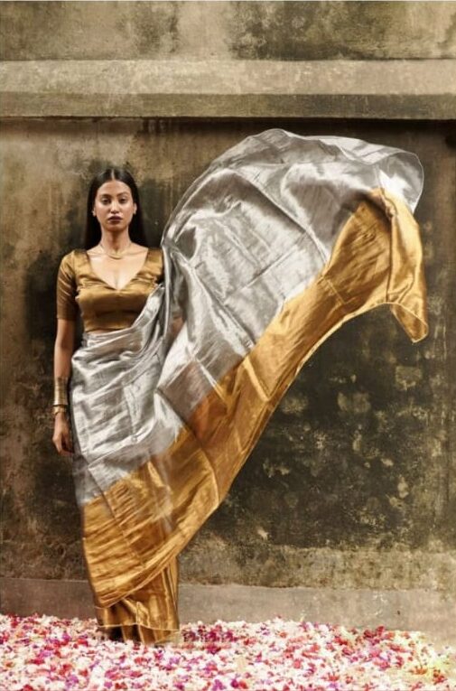 Gold and Silver Chanderi Handloom Pure Tissue Silk Horizontally Sectioned Contemporary Saree