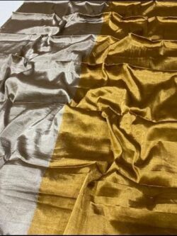 Gold and Silver Chanderi Handloom Pure Tissue Silk Horizontally Sectioned Contemporary Saree