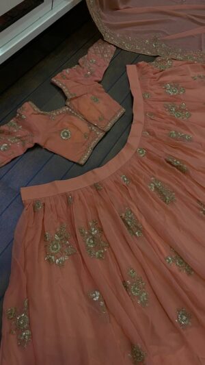 Peach Georgette Indian Traditional/Contemporary Lehenga with Sequins and Dori work