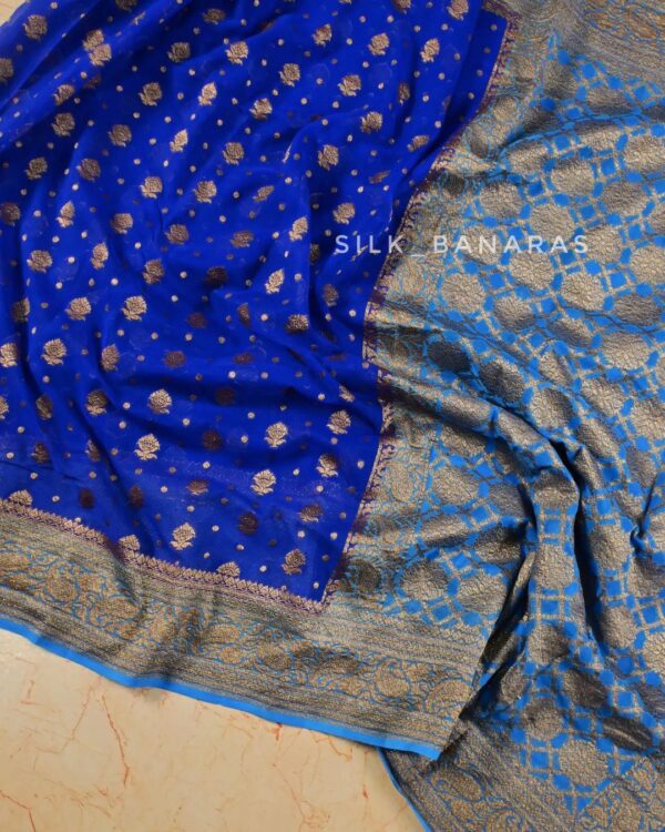 Silk Mark Certified Blue Banarasi Khaddi Handloom Pure Georgette Silk 3D Dyeable Antique Zari Party Saree