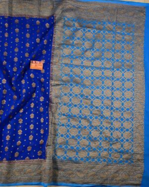 Silk Mark Certified Blue Banarasi Khaddi Handloom Pure Georgette Silk 3D Dyeable Antique Zari Party Saree