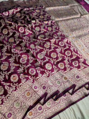 Silk Mark Certified Dual Tone Banarasi Pure Handloom Pure Katan Silk Meenakari Jangla Cutwork Gold Zari Sarees