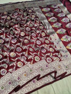 Silk Mark Certified Dual Tone Banarasi Pure Handloom Pure Katan Silk Meenakari Jangla Cutwork Gold Zari Sarees