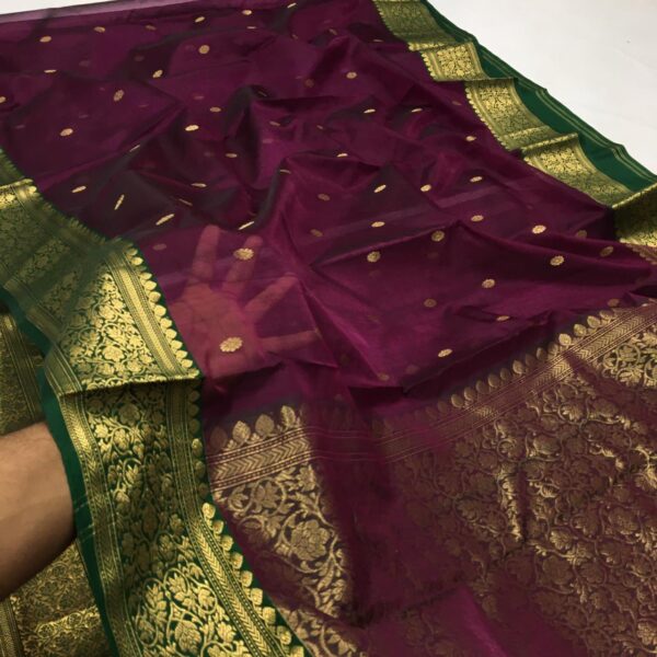 Chanderi Pure Handloom Katan Silk Saree All over Gold zari buttas jaal in the body of the saree Nakshi borders on both sides in Gold zari Heavy pallu Saree includes unstitched blouse 100% Pure Chanderi Handloom Saree Exclusive Design Ready to ship