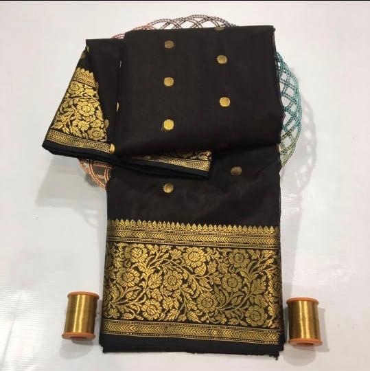 Black Chanderi Pure Handloom Katan Silk Gold Zari Buttas Nakshi Borders Saree