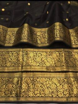 Black Chanderi Pure Handloom Katan Silk Gold Zari Buttas Nakshi Borders Saree