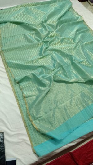 Pastel Sea Green Chanderi Pure Handloom Gold Zari Brocade Weaving Cotton Silk Saree