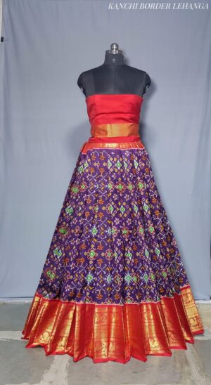 Silk Mark Certified Pochampally Ikkat Pure Handloom Silk Kanchi Borders Lehenga Choli 2 Pc Sets in Vibrant Colors