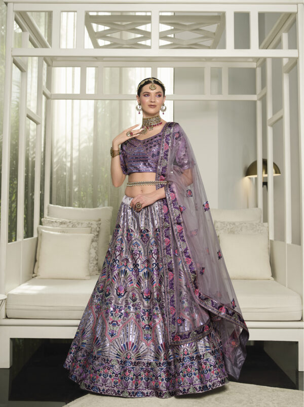 Dusty Purple Silk & Net Designer Bridal Lehenga Choli Set with Heavy Embroidery and Sequins Work