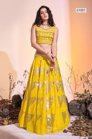 Turmeric/Haldi Yellow Georgette Designer Contemporary Lehenga Choli Set with Heavy Embroidery and Sequins Work