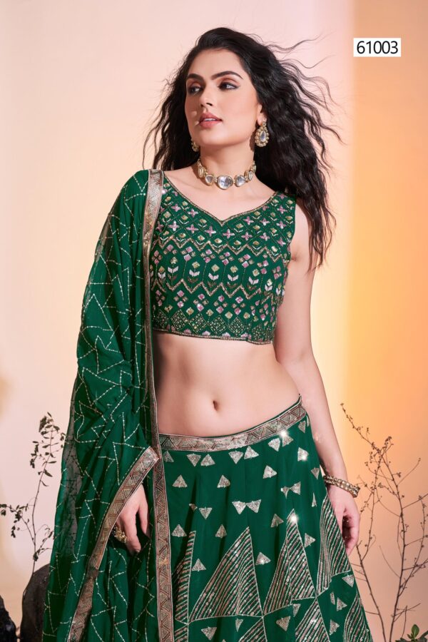 Bottle Green Georgette Designer Contemporary Lehenga Choli Set with Heavy Embroidery and Sequins Work
