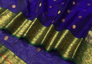 Blue and Green Chanderi Handloom Pure Katan Silk Gold Zari Meenakari Buttas and Nakshi Borders Saree