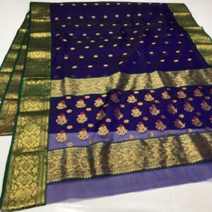 Blue and Green Chanderi Handloom Pure Katan Silk Gold Zari Meenakari Buttas and Nakshi Borders Saree