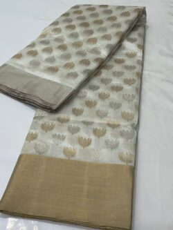 Pearl White Chanderi Handloom Pure Pattu Silk Gold and Silver Zari Buttas Ganga Jamuna Saree