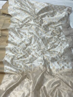 Pearl White Chanderi Handloom Pure Pattu Silk Gold and Silver Zari Buttas Ganga Jamuna Saree