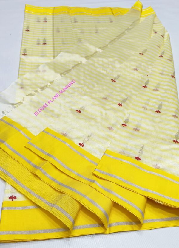 Pearl White and Yellow Chanderi Handloom Pure Pattu Silk Contemporary Striped Saree with Meenakari Buttas