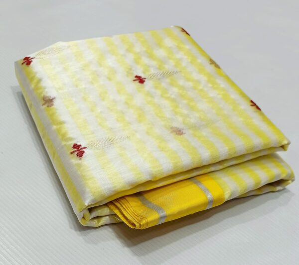 Pearl White and Yellow Chanderi Handloom Pure Pattu Silk Contemporary Striped Saree with Meenakari Buttas